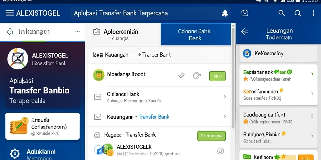Screenshot ALEXISTOGEL menampilkan antarmuka aplikasi Transfer Bank yang modern.