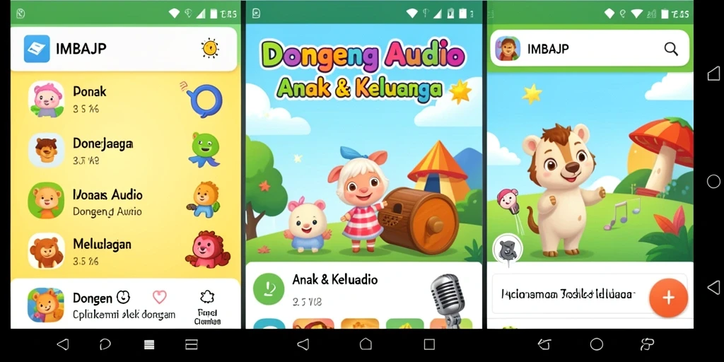 Tampilan antarmuka aplikasi IMBAJP yang menarik dan ramah anak.