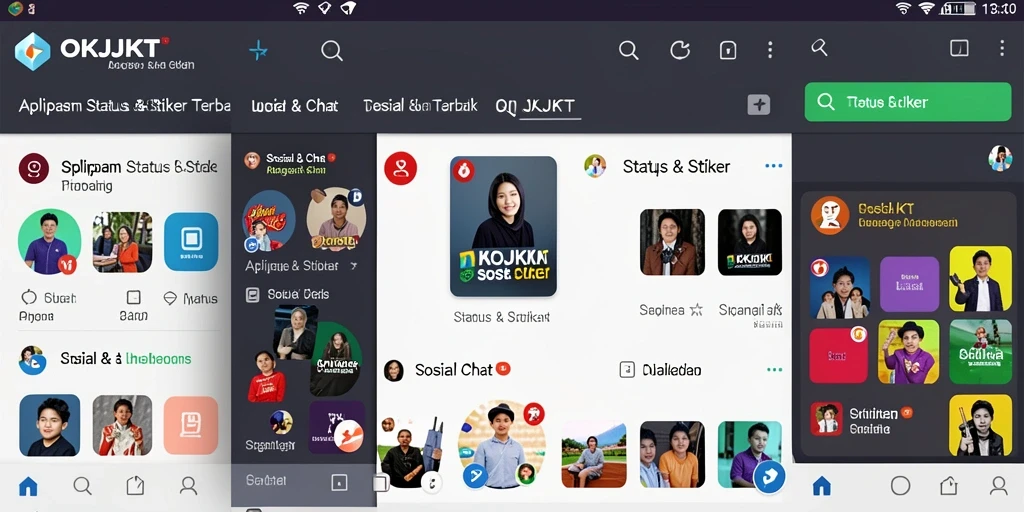 Antarmuka OKJKT yang menampilkan berbagai stiker dan status.