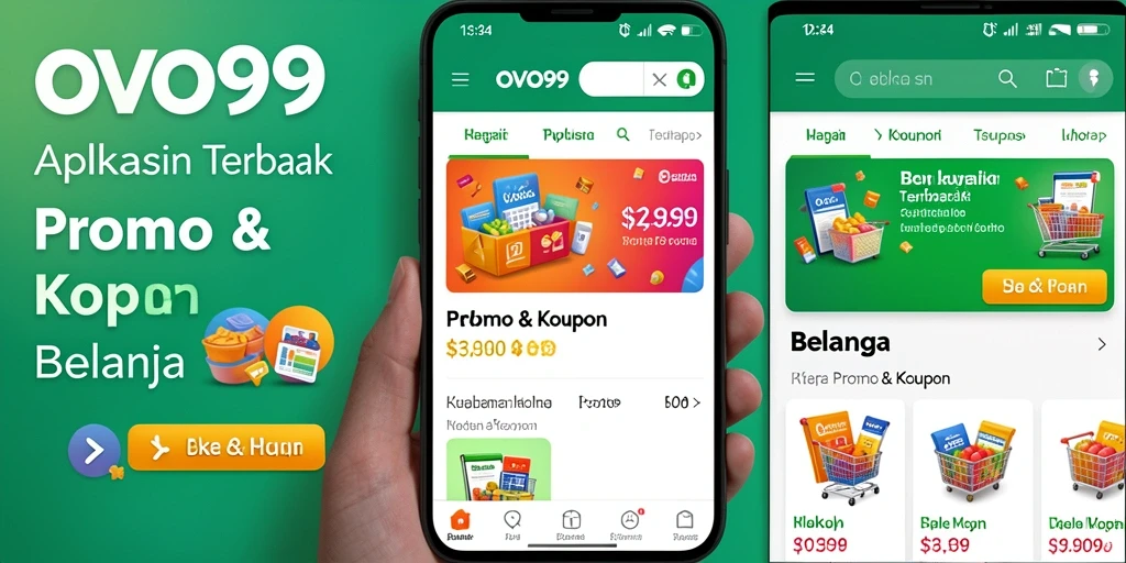 Antarmuka aplikasi OVO99 menampilkan berbagai promo dan kupon menarik.